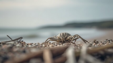 A crab on a sandy beach with a blurry background.