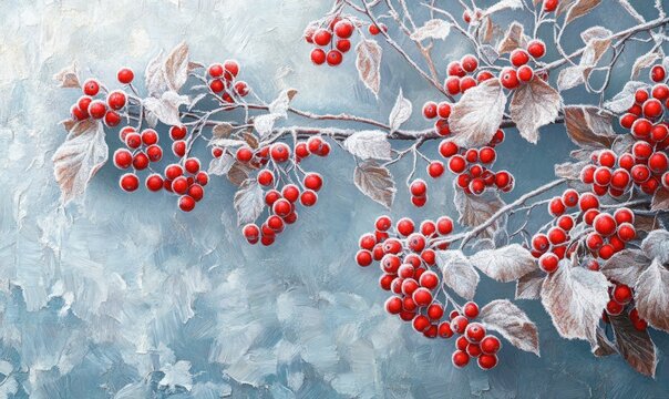 A painting of a branch covered in red berries and snow