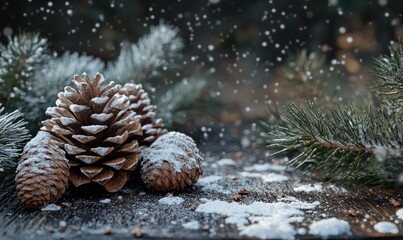 A pine cone is covered in snow and is sitting on a wooden surface