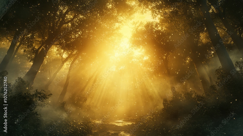 Wall mural golden sunlight streams through a dense forest, illuminating the path ahead and creating a magical a