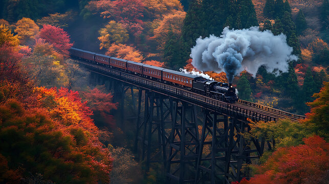 A scenic shot of a train crossing a wooden trestle bridge, surrounded by a sea of colorful autumn trees, with sharp focus on the bridge structure in the foreground 
