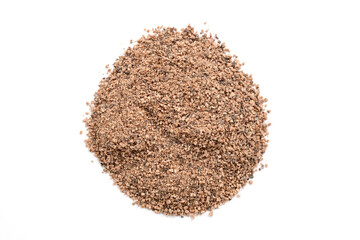 Ceylon organic dried nutmeg powder on white background. Nutmeg Powder. Ground Nutmeg.