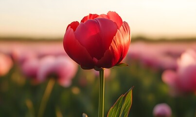 Obraz premium closeup of the side view of a red peony blossom in a field, Generative AI 