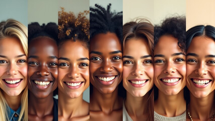 Fototapeta premium Collage of Smiling Multicultural Faces, Young Diverse People Looking at Camera in Mosaic Headshot Collection. 
