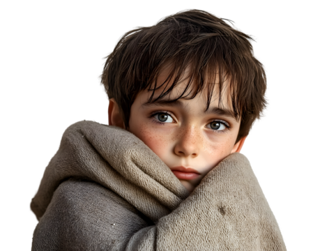 Young boy wrapped in a warm blanket, looking contemplative, isolated on transparent background, PNG