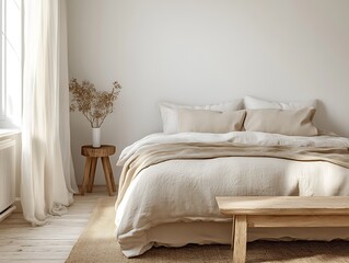 Serene Morning: A Cozy and Minimalist Bedroom Bathed in Warm Sunlight