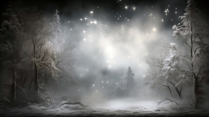 Obraz premium Winter forest scene with fog and sparkling stars in the sky