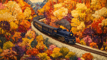 Fototapeta premium A train traveling along a winding track through a dense forest of vibrant autumn foliage, with sharp details of golden and red leaves in the foreground 