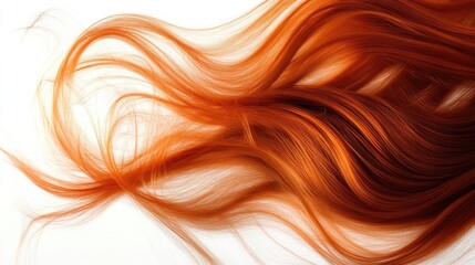 Close-up of long, flowing red hair against a white background.