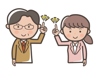 ポイントを説明するスーツ姿の男女ビジネスマンの上半身イラスト_上司と部下セット