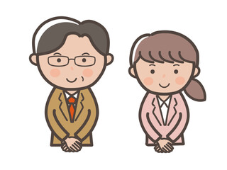 接客ポーズでお迎えするイメージのスーツ姿の男女ビジネスマンの上半身イラスト_上司と部下セット