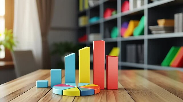 A colorful pie chart is displayed on a wooden table