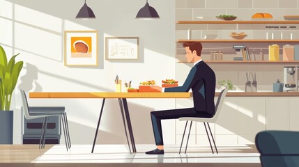Fototapeta premium A corporate office lunch scene with a man sitting at a wooden table, enjoying his lunch box in a clean, modern workspace