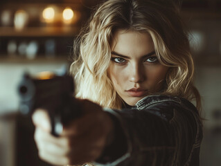 ntense Woman Pointing a Gun with Focused Expression