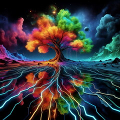 Colorful , Magical Big Tree, Background,  Landscape, Bright and Tranquil Nature, for Home Decor, YouTube Thumbnail, Design, Music Cover Art, 4K Wallpaper