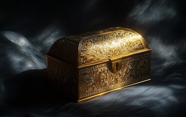 A beautifully ornate golden treasure chest illuminated by soft light, resting on a textured surface.