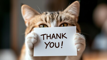 Cat holds a thank you sign, playful gesture.