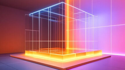 81. A high-tech 3D display with geometric grids and glowing accents, creating space for a product to be featured.