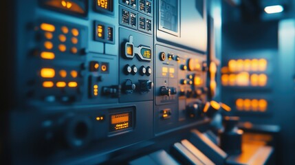 Control Panel with Illuminated Buttons and Displays, Showcasing High-Tech Industrial Equipment in a Modern Setting