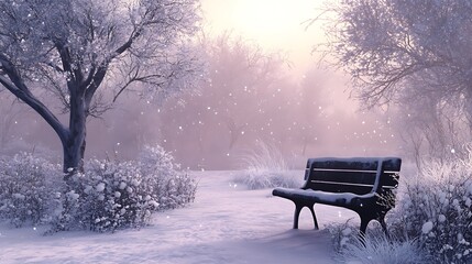 A Snowy Bench in a Misty Winter Forest