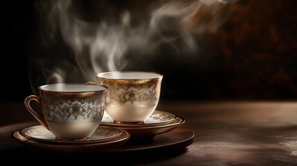 Fototapeta premium Two elegant teacups with steam rising, set on saucers, creating a warm, inviting atmosphere.