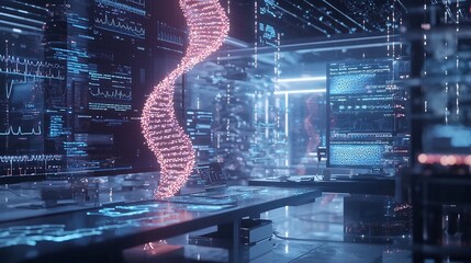 Futuristic Medical Lab with Glowing DNA Strands Analyzed by AI Driven Computers Symbolizing Breakthroughs in Personalized Medicine and Genetic