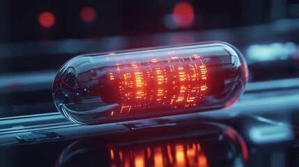 Futuristic Pill with Glowing Microchips Inside Symbolizing Smart Drug Delivery and Personalized Medical Technology