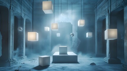 84. A dynamic 3D setting with floating cubes and soft lighting effects, providing room for a product in the center.