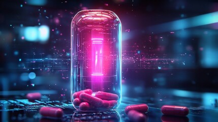 Glowing Smart Pill Bottle with Holographic Medication Reminders Futuristic Medical Technology Concept