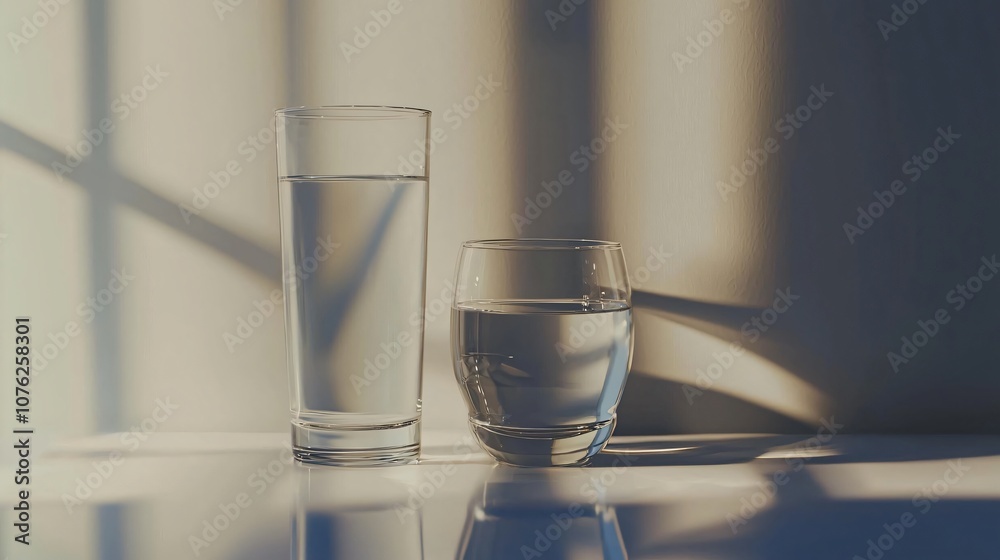 Poster Explore the contrast of maximum and minimum water levels illustrated by two glasses positioned in soft light