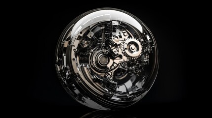 A swirling, metallic ball, black and white, appears to be made of gears and parts. It's a strange and abstract design, like something from a futuristic dream.