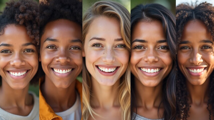 Fototapeta premium Collage of Smiling Multicultural Faces, Young Diverse People Looking at Camera in Mosaic Headshot Collection. 