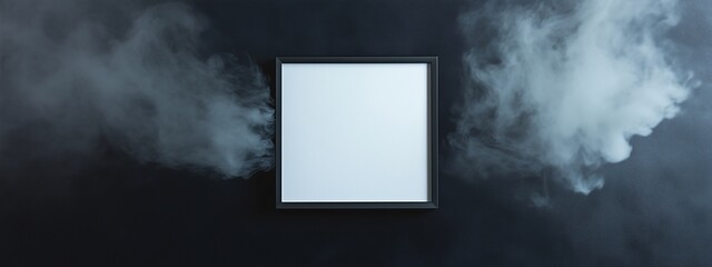 Blank Square Photo Frame on Black Wall with Soft Smoke Effect, Empty Picture Frame Mockup with Fog Effect on Black Wall