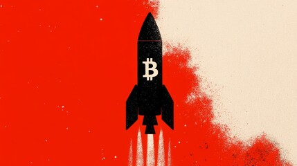 Rocket launching with Bitcoin symbol, signifying growth and success.