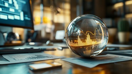 Explore the mystique of a weathered crystal ball displaying financial trends in an elegant office setting