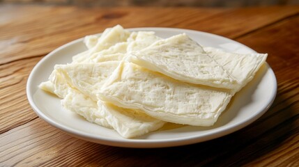 A white plate holds slices of soft, creamy camembert cheese.