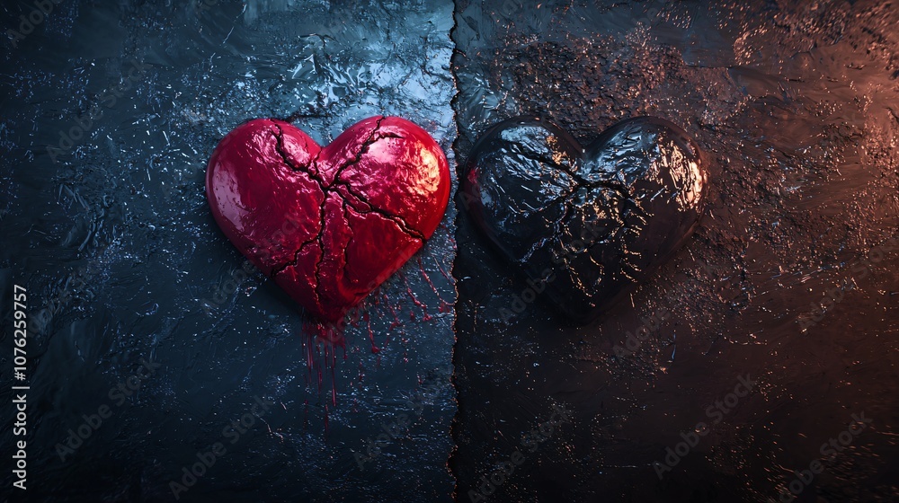 Poster explore the duality of love and heartbreak through a split image of a red and black heart symbolizin