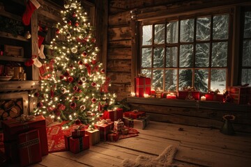 A cozy cabin decorated for Christmas with a beautifully lit tree, presents, and a snowy landscape visible through the window during the festive winter season