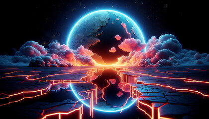 Earth Background, Colorful Landscape with Neon Lights, Bright and Tranquil Nature, for Home Decor, YouTube Thumbnail, Design, Music Cover Art, 4K Wallpaper