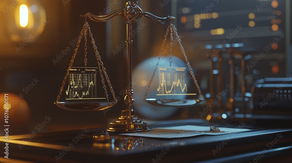 Poster explore the intricacies of financial decisions with an ultrarealistic balance scale in a modern work