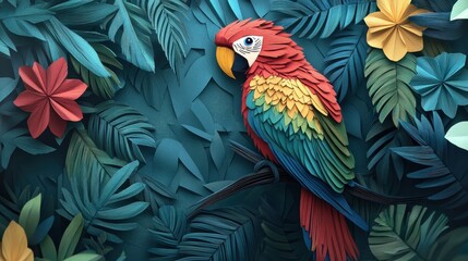 Vibrant Paper Art of a Colorful Parrot Perched Amidst Lush Tropical Leaves and Flowers in a Jungle Setting