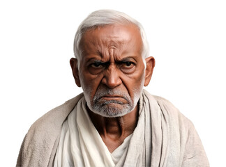 Obraz premium Portrait of an elderly Indian man with serious expression wearing traditional attire, isolated on transparent background, PNG