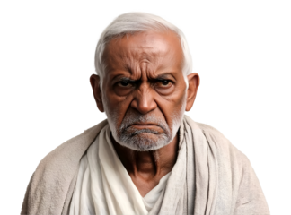 Portrait of an elderly Indian man with serious expression wearing traditional attire, isolated on transparent background, PNG
