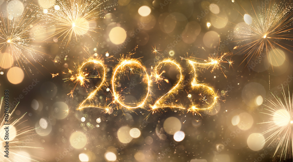 Wall mural happy new year 2025 - golden sparkler numbers and fireworks in glowing sparkling background - holida