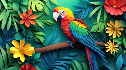 Obraz premium Vibrant Scarlet Macaw Perched Among Lush Tropical Foliage with Colorful Flowers and Leaves in a Stunning Nature Scene