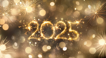 Fototapeta premium Happy New Year 2025 - Golden Sparkler Numbers And Fireworks In Glowing Sparkling Background - Holiday Billboard With Creative Text