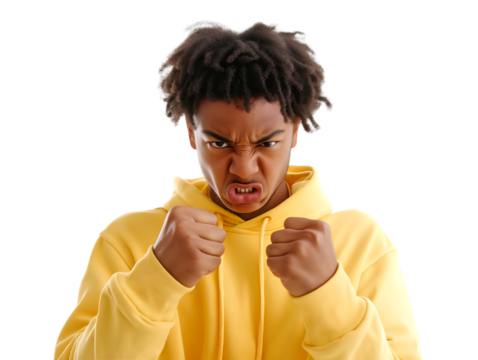 Young man in yellow hoodie showing anger with clenched fists and aggressive facial expression, isolated on transparent background, PNG