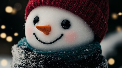 Frosty the snowman in a blue scarf and hat with warm smiles and cheeks.