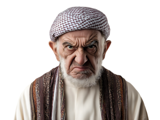 Angry elderly man with traditional Middle Eastern attire and keffiyeh, intense facial expression of frustration, isolated on transparent background, png