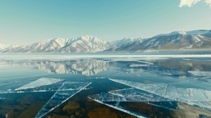 Icy lake reflecting snow-covered mountains during dawn, capturing the tranquil beauty of winter in a New Year calendar setting